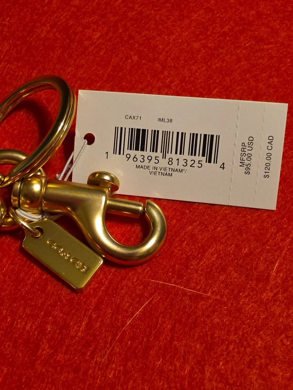 COACH Gold Heart Keychain with Red, Yellow, Green, Blue Stripes